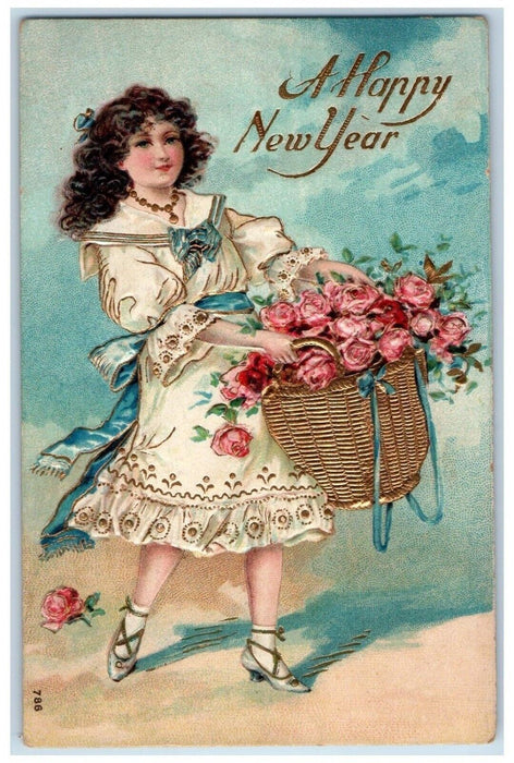 1907 New Year Girl With Basket Of Rose Pink Flowers Embossed Antique Postcard