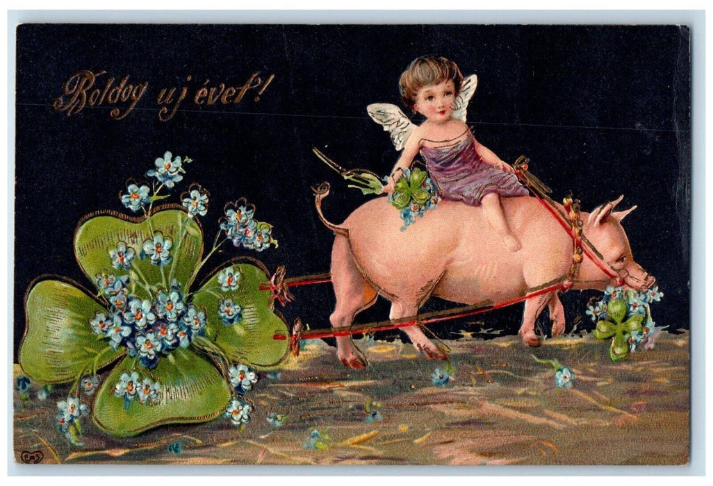 c1910's Happy New Year Fantasy Pig Pulling Giant Shamrock Pansies Postcard