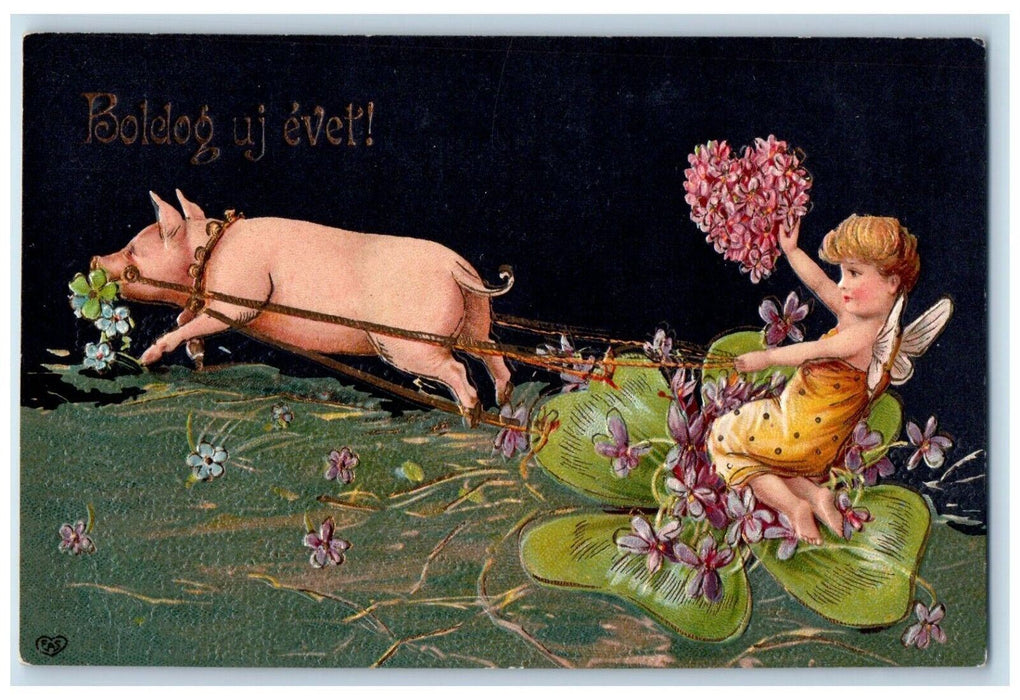 c1910's Happy New Year Fantasy Pig Pulling Giant Shamrock Girl Pansies Postcard