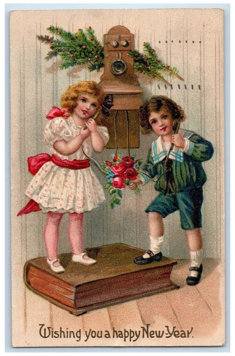 1913 New Year Boy Girl Telephone Holly Berries Roses Embossed Antique Postcard