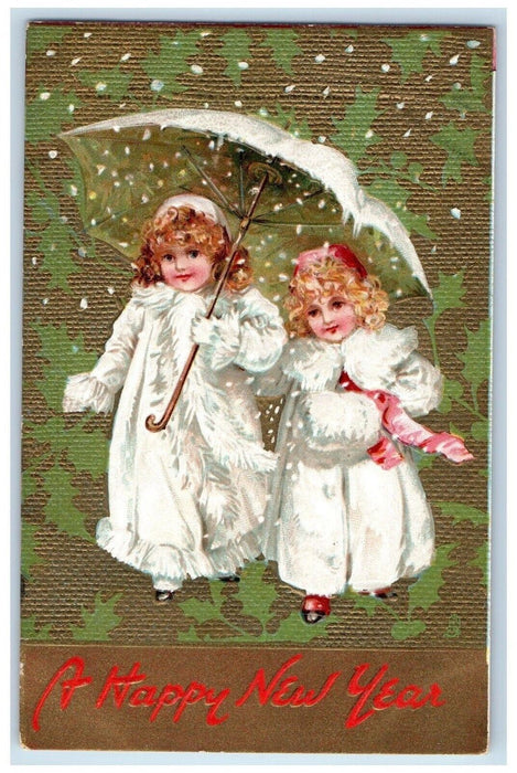 c1910's New Year Girls Handwarmer Snowfall Umbrella Embossed Tuck's Postcard