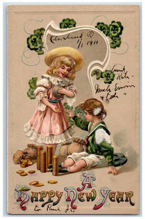 c1910's New Year Boy And Girl Counting Coins Shamrock Embossed Antique Postcard