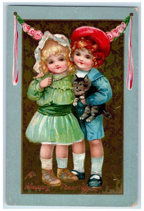 c1910's New Year Boy And Girl Cat Pink Roses Embossed Tuck's Antique Postcard