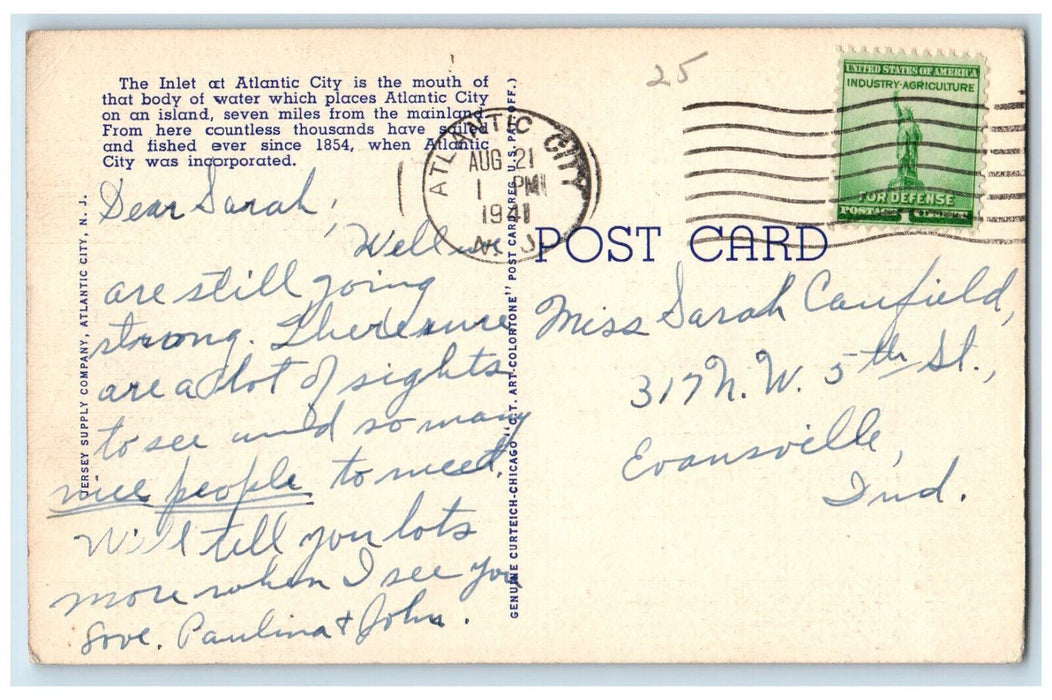 1941 Motorboat View of Pier at Inlet Atlantic City New Jersey NJ Postcard