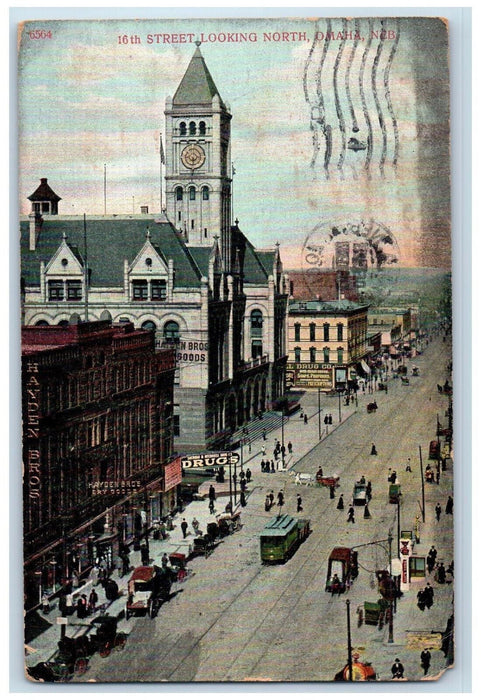 1907 Trolley Car Crowd Busy Street Looking North Omaha Nebraska NE Postcard
