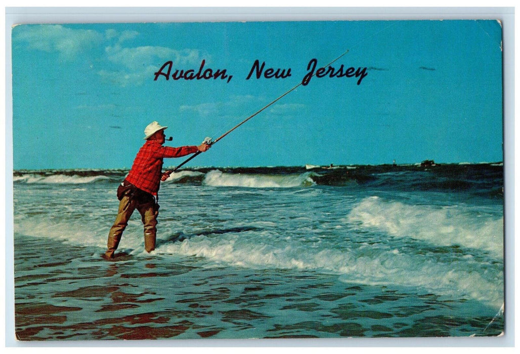 1969 Man Fishing Scene Sea Waves Avalon New Jersey NJ Vintage Postcard