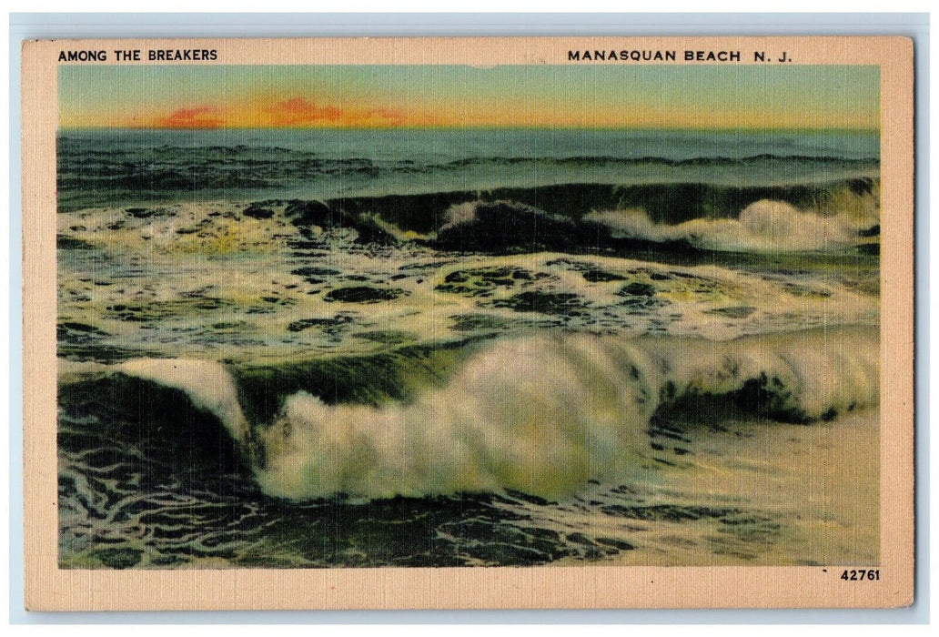 1943 Among The Breakers Wavy Sea Manasquan Beach New Jersey NJ Vintage Postcard