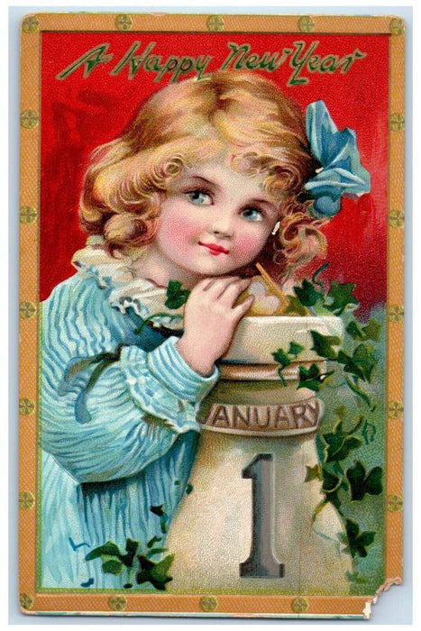 c1910's New Year Girl January 1 Holly Leaf Embossed Tuck's Antique Postcard