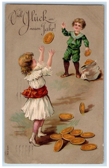 1907 New Year Girl Boy Throwing Sack Of Coins Embossed Posted Antique Postcard