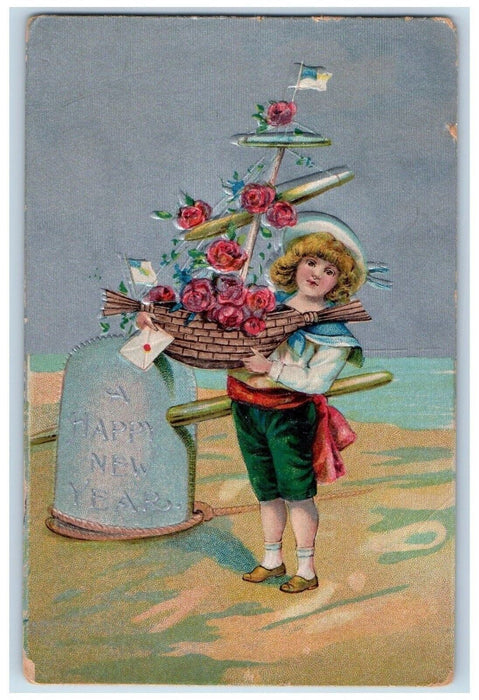 1911 New Year Boy Sailor Ship Roses Flowers Letter Embossed Antique Postcard