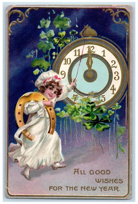 1906 New Year Boy Girl Ringing Clock Horseshoe Shamrock Embossed Postcard