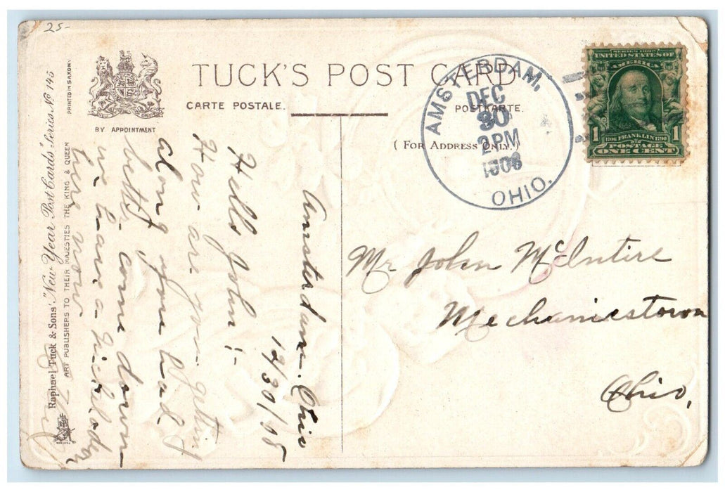 1906 New Year Boy Girl Ringing Clock Horseshoe Shamrock Embossed Postcard