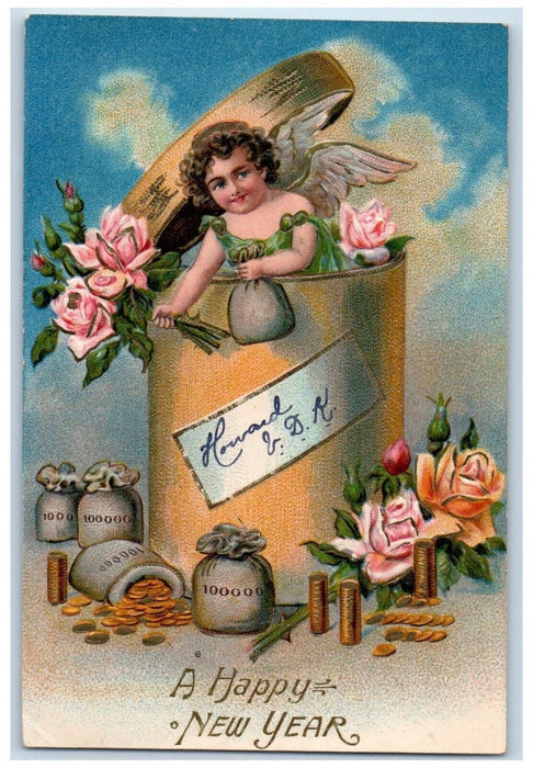 c1910's New Year Angel Lucky Pink Roses Flowers Sack Of Coins Embossed Postcard