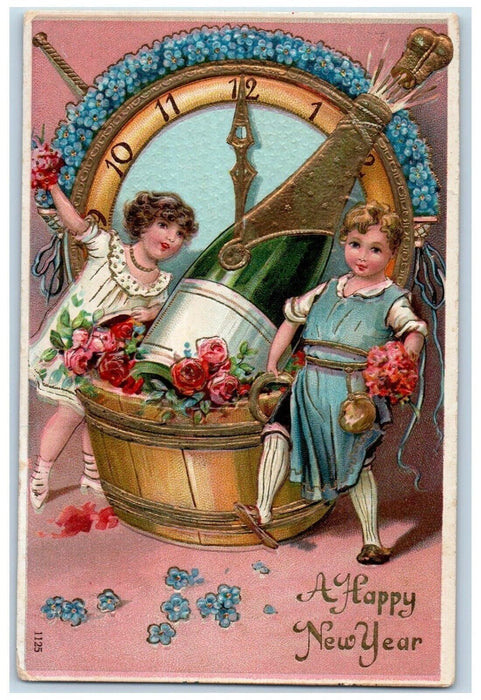 1912 New Year Girls Clock Champagne Pansies Flowers Embossed Antique Postcard