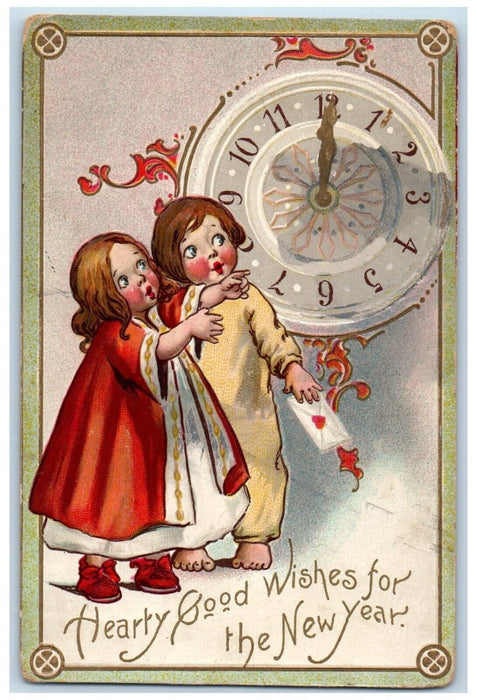 c1910's New Year Girls Clock Midnight Letter Embossed Tuck's Antique Postcard