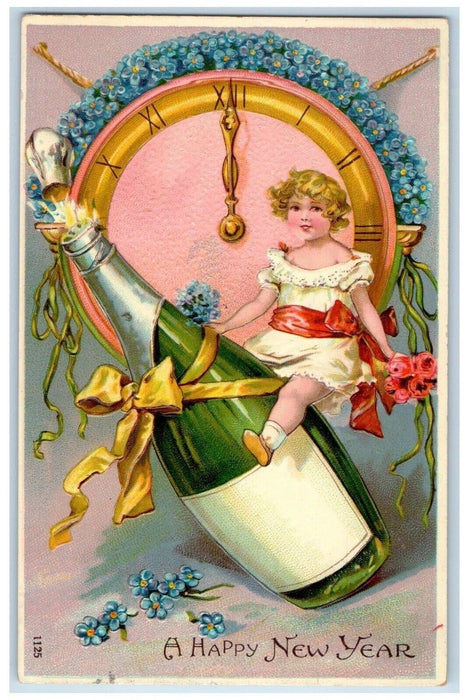 c1910's New Year Girl Clock Pansies Flowers Pansies Flowers Embossed Postcard