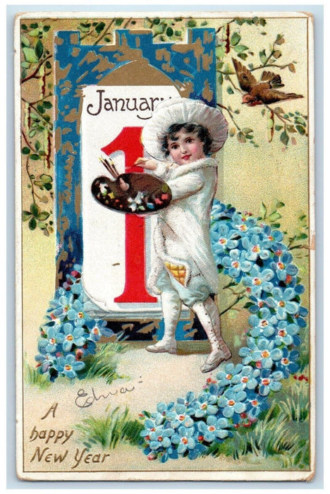 1909 New Year Girl January 1 Painter Pansies Flowers Embossed Tuck's Postcard