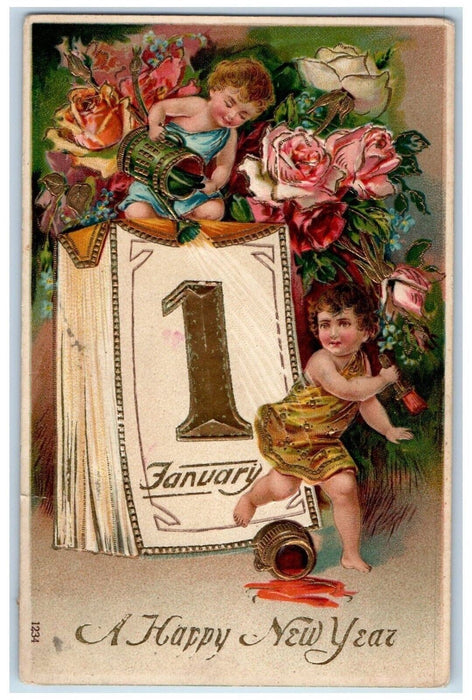 1909 New Year January 1 Watering Can Painter Flowers Embossed Antique Postcard