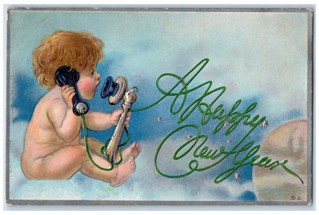 c1910's Happy New Year Boy Bare Butt Talking Telephone Embossed Antique Postcard