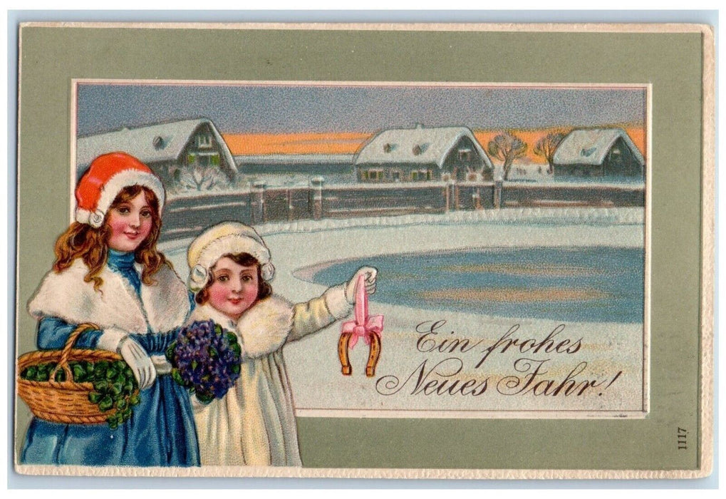 1908 New Year Girls Horsehoe Shamrock In Basket Pansies Embossed Posted Postcard