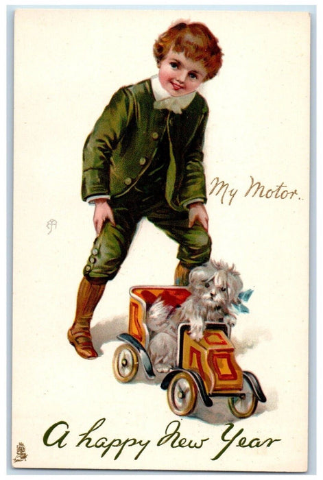 c1910's Happy New Year Boy My Motorist Dog Tuck's Unposted Antique Postcard