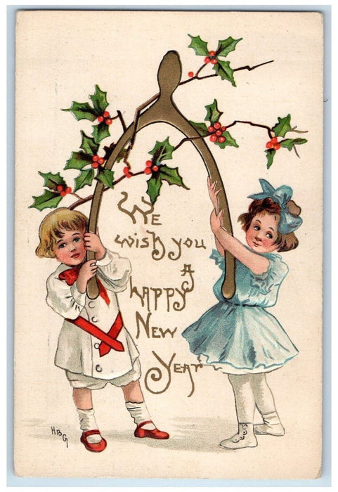 1909 Happy New Year Girls Wishbone Goodluck Holly Berries Embossed Postcard