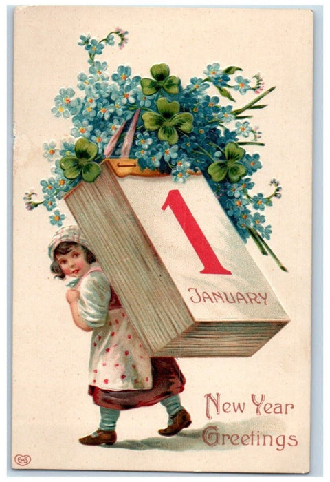 1909 New Year Greetings Girl January 1 Pansies Flowers Embossed Antique Postcard