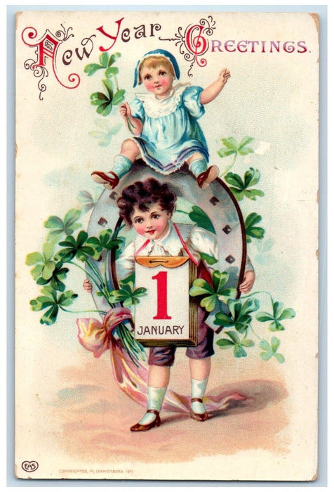 c1910's New Year Greetings Shamrock Horseshoe Embossed Gel Antique Postcard