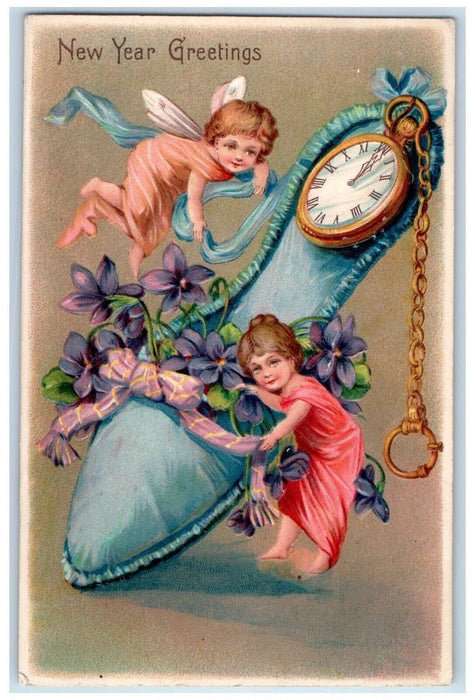 1909 New Year Greetings Girls Butterfly Shoe Clock Pansies Flowers Postcard