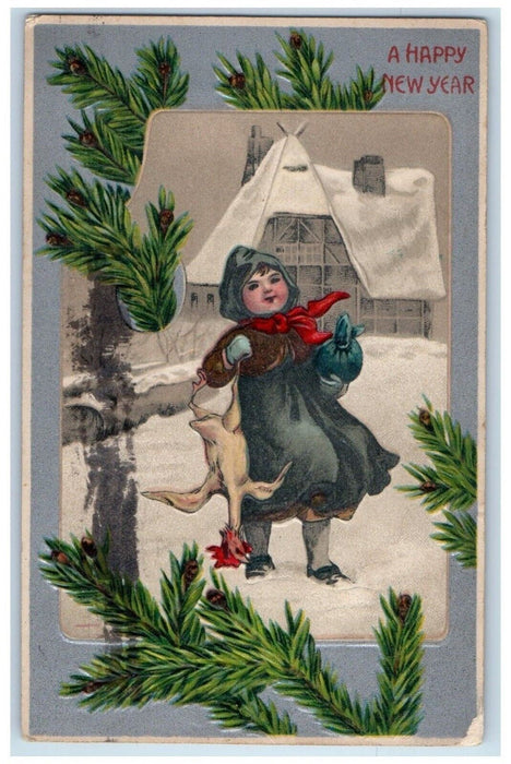 1910 New Year Girl Chicken Pine Cone Embossed Winter Snow Antique Postcard