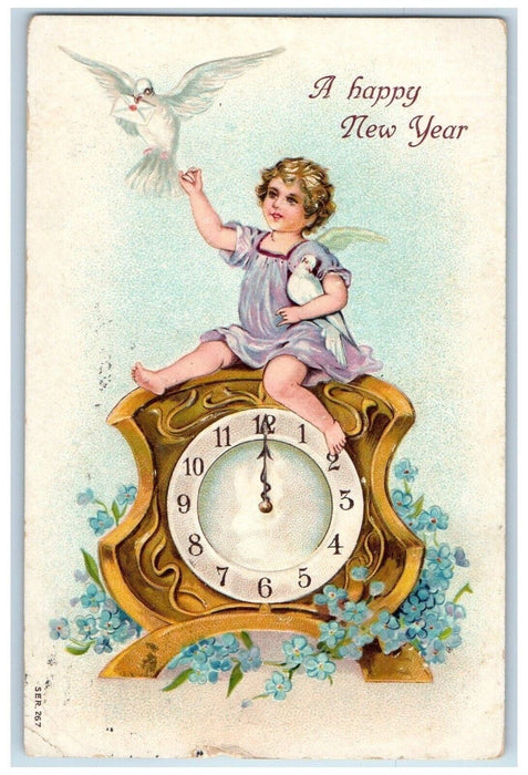 1908 New Year Angel At Top Of Clock Dove Pansies Flowers Embossed Postcard