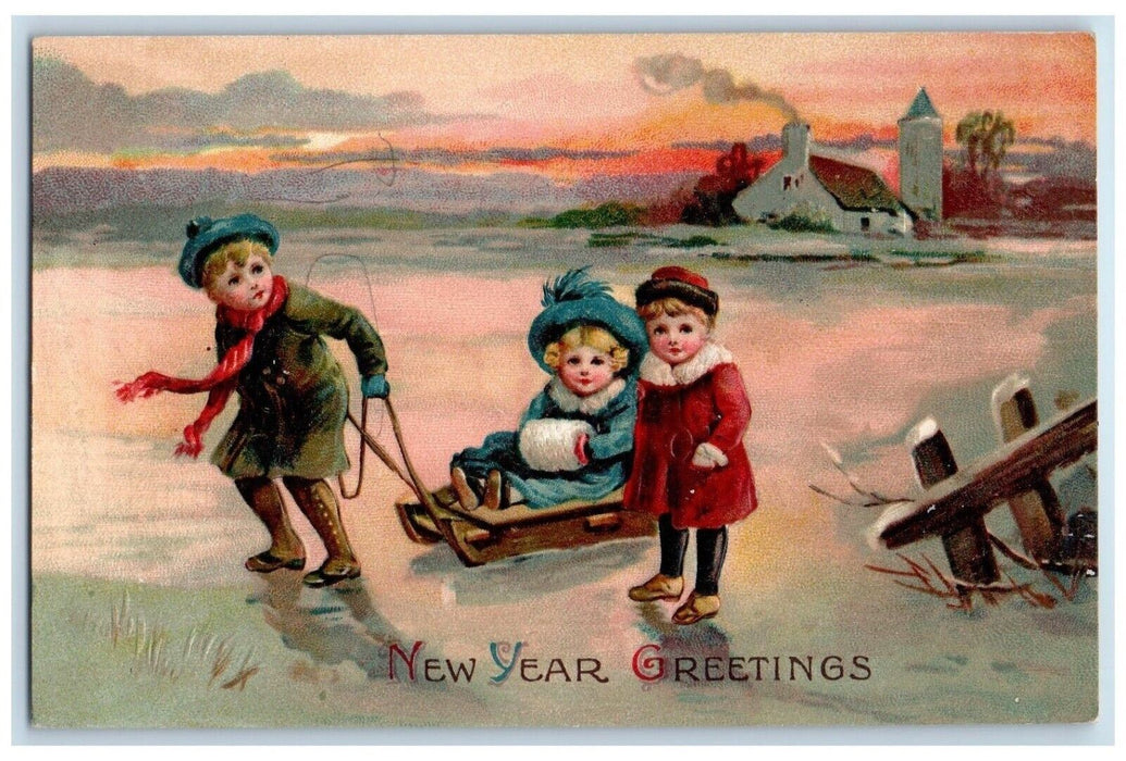 1912 New Year Greetings Children Sleigh Winter Embossed Nashua NH Postcard