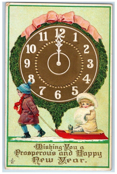 1914 New Year Clock Midnight Clock Garland Ribbon Embossed Antique Postcard