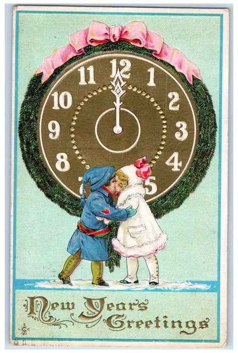 1912 New Year Greetings Couple Kissing Clock Midnight Garland Embossed Postcard