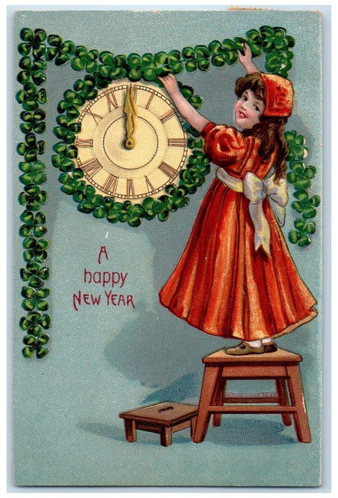 1909 New Year Girl Standing Chair Clock Shamrocks Embossed Ashland OH Postcard