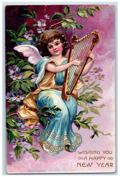 1909 New Year Angel Playing Harp Pansies Flowers Embossed Antique Postcard