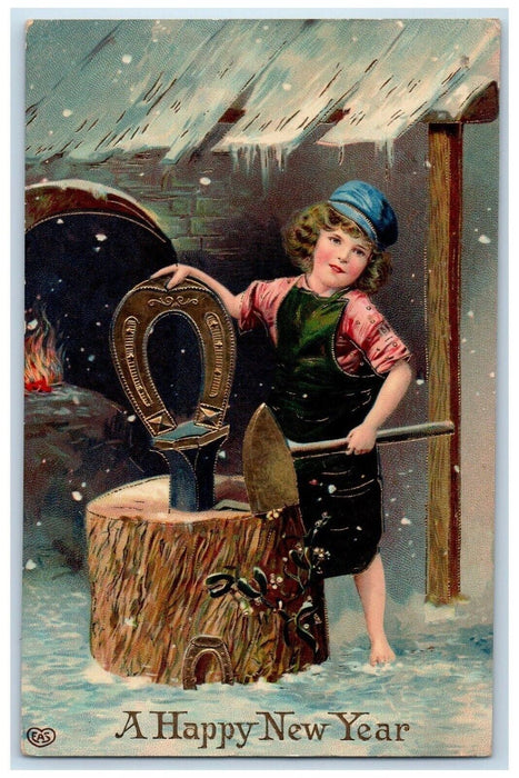 1913 New Year Boy Horsehoe Black Smith Gel Gold Gilt Embossed Antique Postcard