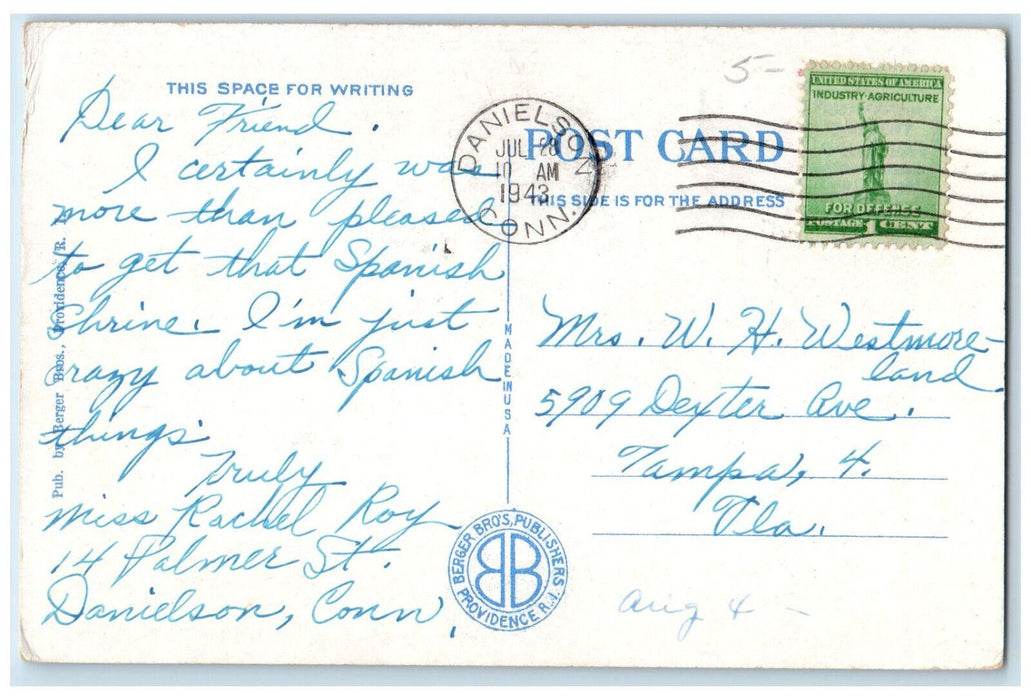 1943 St. James's Church Danielson Connecticut CT Vintage Posted Postcard