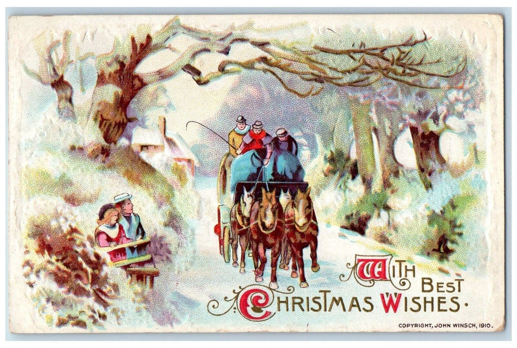 1911 Christmas Horses Carriage Children John Winsch Hudson Ridge NY Postcard