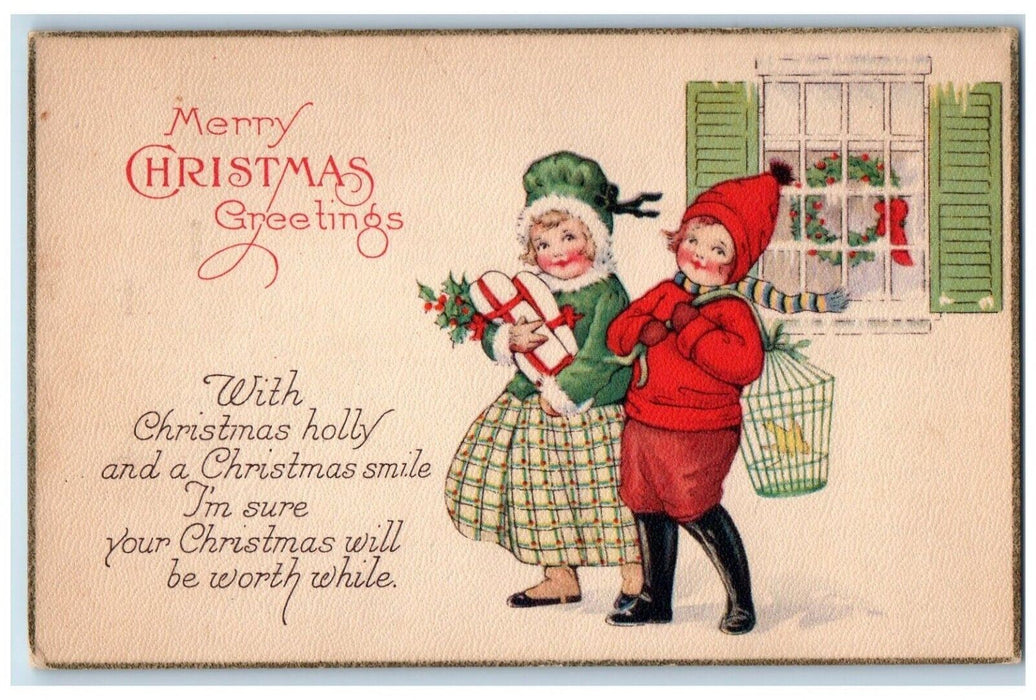 c1910's Christmas Greetings Girls Holly Gift Bird Cage Whreat Antique Postcard