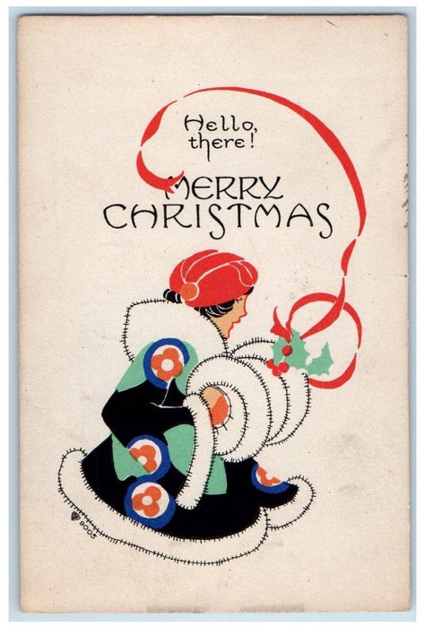 1922 Christmas Girl Handwarmer Art Deco Newtown Pennsylvania PA Vintage Postcard