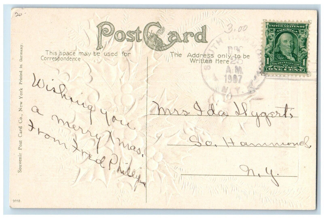 c1910's Christmas Cat Kitten Holly Berries Embossed South Hammond NY Postcard