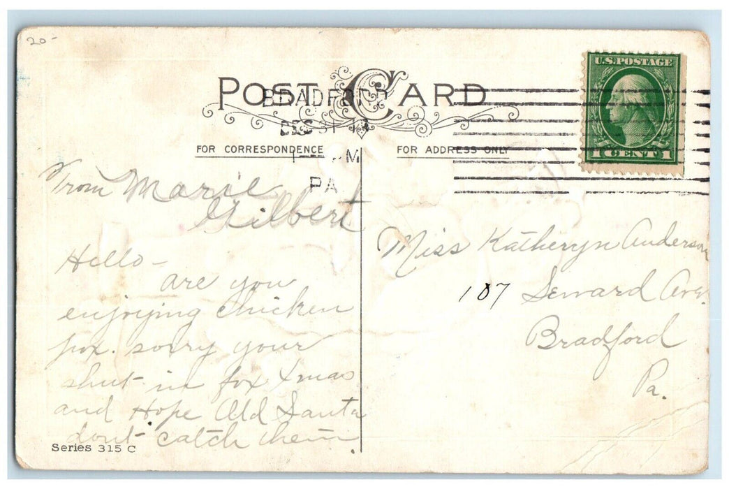 c1910's Christmas Girl Stocking Full Of Toys Embossed Posted Antique Postcard