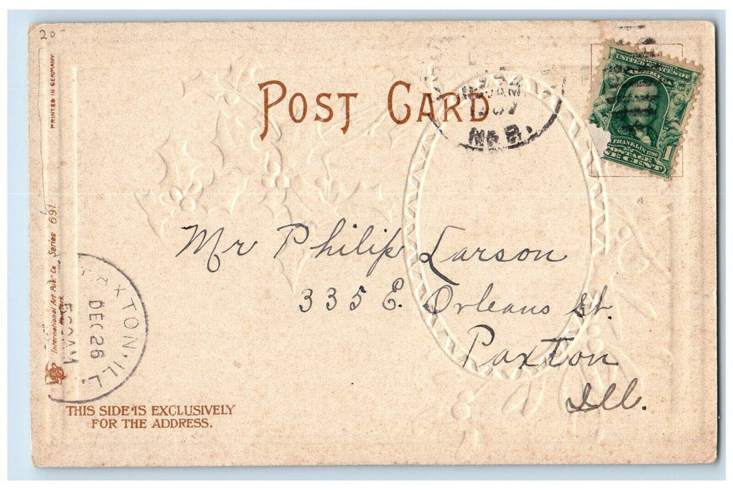 1907 Christmas Greetings Holly House Winter Moon Clapsaddle Paxton IL Postcard