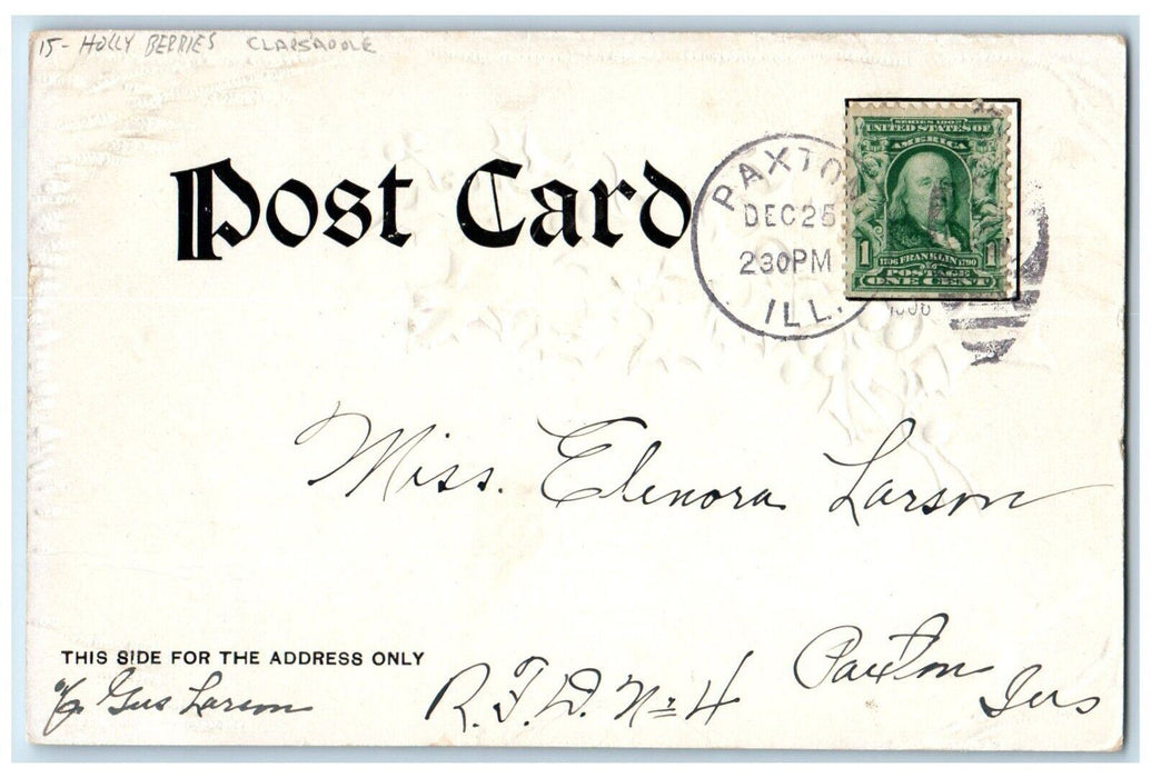 1906 Christmas Greetings Holly Berries Clapsaddle Embossed Antique Postcard