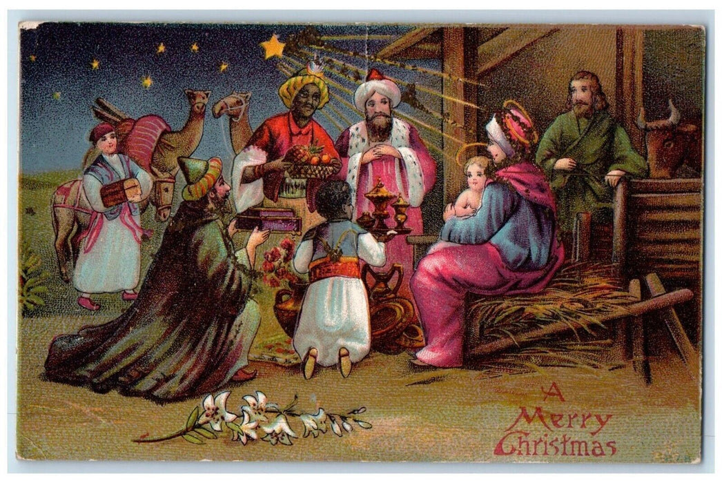 c1910's Christmas Lily Flowers Camel Barn Religious Nash Embossed Postcard