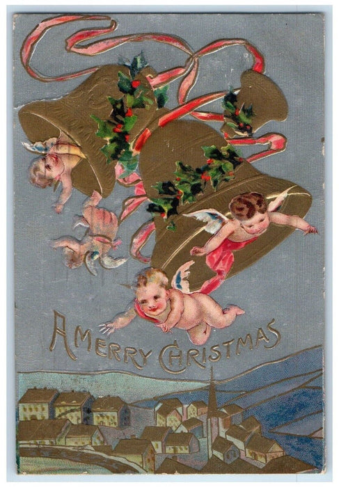 1908 Christmas Floating Angels Bare Butt Bells Embossed Chicago IL Postcard