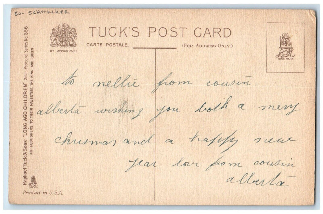 c1910's Christmas Schmucker Girls Flowers Umbrella Pine Tree Tuck's Postcard