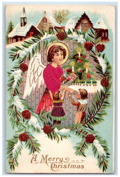 1912 Christmas Tree Pine Cone Angel Children Parsonsfield Maine ME Silk Postcard