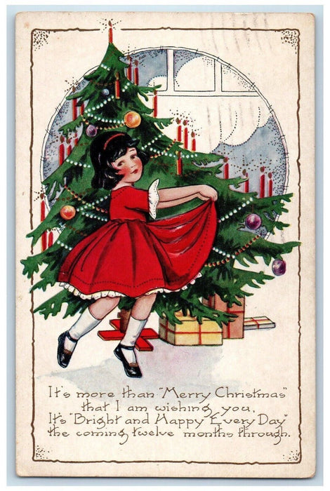 1922 Christmas Tree Candle Gift Present Girl Dress Red Newport RI Postcard